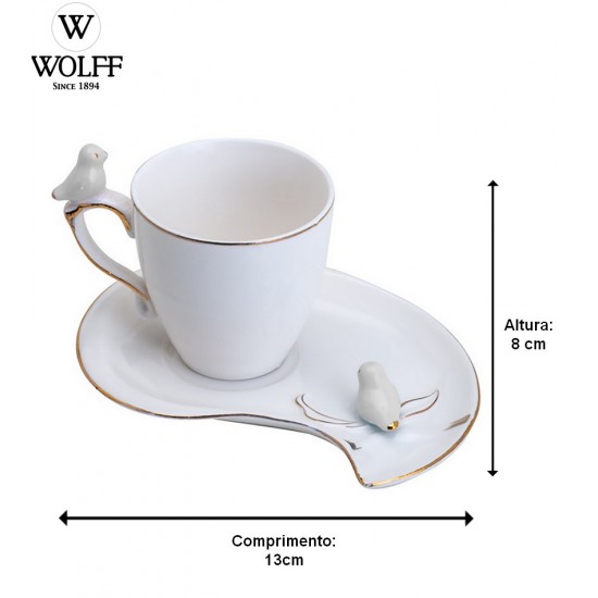Xicara 90ml Café Porcelana Cute Birds Branco Design Plate